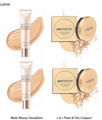 Luipui Premium New Matte Mousse Foundation & 2 in 1 Prime & Fine Compact Powder(4 Items in the set)
