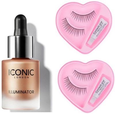 INDIANA HUDA ORIGINAL(Champagne Shimmer) illuminator highlighter & 2 PCS Eyelashes With Glue Set Easy to Wear Heart Shape Eyelashes Extension(3 Items in the set)