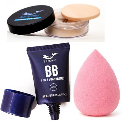 BLUEMERMAID PROFESSIONAL MAKEUP SPONGE WITH LOOSE POWDER COMPACT & FOUNDATION FOR WOMEN(3 Items in the set)