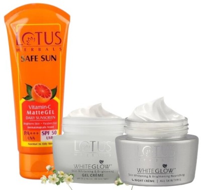 LOTUS HERBALS WhiteGlow Skin Brightening Gel Crème SPF 25 PA+++60G, Nourishing Night Cream60G WITH Vitamin-C MatteGEL Sunscreen SPF50 100G(3 Items in the set)