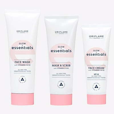 Oriflame ESSENTIALS Glow Essentials Face Wash with Vitamins E & B3 125 ml , Mask & Scrub 75 ml , Face Cream 50 ml(3 Items in the set)