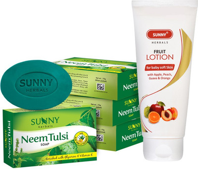 Sunny Herbals Fruit Lotion 100Ml and Neem Tulsi Soap-75gm x 4(5 Items in the set)
