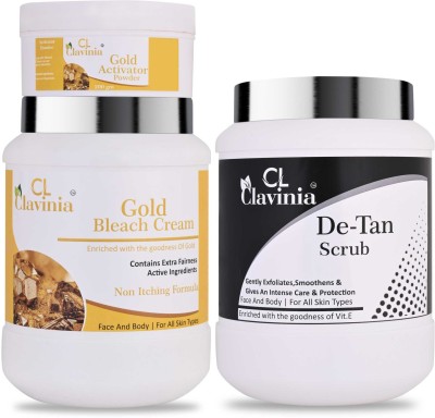 CLAVINIA Gold Bleach Cream 1 Kg + De-Tan Scrub 1000 ml(3 Items in the set)