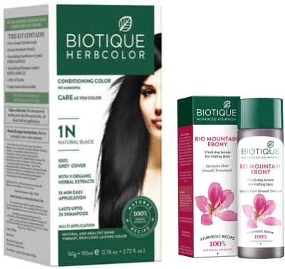 BIOTIQUE Conditioning Hair Color 1N Natural Black & Mountain Ebony Serum 120 ML  (2 Items in the set)