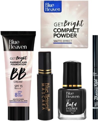 BLUE HEAVEN BB CREAM(30gm)+ MASCARA(6.5ml) + GET BRIGHT COMPACT POWDER(16gm) + GET BOLD EYELINER (7ml) + 2X INTENSE KAJAL(0.35gm)(5 Items in the set)