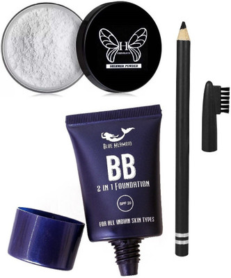 BLUEMERMAID FLAWLESS LOOK BB FOUNDATION + SILVER COLOR CHANGING HIGHLIGHTER +BLACK EYEBROW PENCIL COMBO(3 Items in the set)