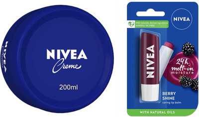 NIVEA Blue Creme 200ml and Berry Shine lipbalm 10gm Set of 2pc(2 Items in the set)