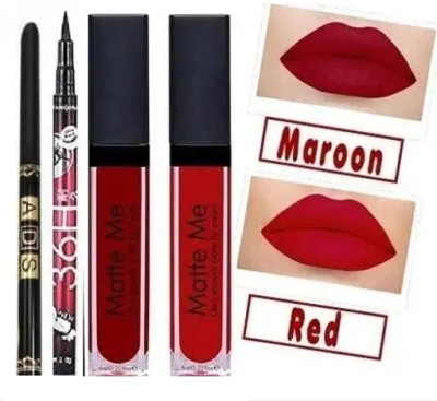 HIJJEVIN'S Matte me red & maroon shades of long lasting waterproof lipstick (set of 2)+36H eyeliner + ADS kajal.(4 Items in the set)