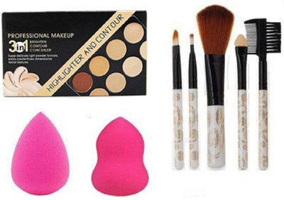 Lenon Beauty Highlighter And Contour 8 Shades Concealer + 5 Pcs Makeup Brush + 2 Pieces Blender Puff Combo(8 Items in the set)