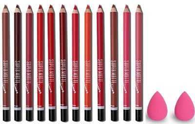 ROODILES SuperMatte Lipliner Pencil 12 peices with 2 Makeup Blenders – Long-Lasting, Smudge-Proof Lip Contour(14 Items in the set)
