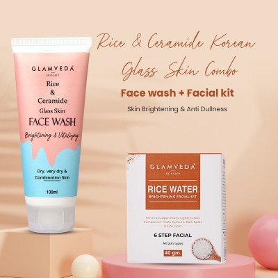 GLAMVEDA Rice & Ceramide Korean Glass Skin Combo ( Face wash + Facial kit ) | Skin Brightening & Anti Dullness(2 Items in the set)