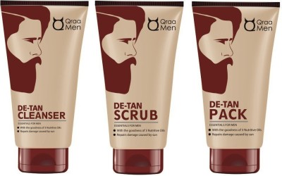 Qraa MEN DE-TAN CLEANSER FOR MEN 100gm + DE-TAN SCRUB FOR MEN 100GM + DE-TAN PACK FOR MEN 120GM(3 Items in the set)