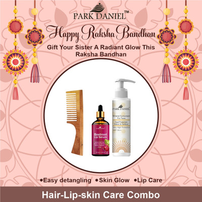 PARK DANIEL Suncreen SPF 50++ 100ML, Beetroot Lip Serum 30ML & 7.5Inch Neem Comb for Women(3 Items in the set)