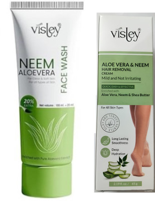 Visley Neem Aloevera Facewash Prevents and Cure Acne & Pimples Face Wash (100 ml),Hair Removal Cream For All Skin Type Cream (65 g,(2 Items in the set)