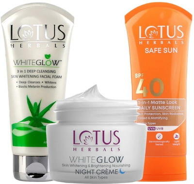 LOTUS HERBALS WhiteGlow Brightening & Nourishing Night Cream60G, 3 In 1 Facial Foam 100g & SafeSun 3 In 1 Matte-Look Sunscreen SPF40 PA+++75G(3 Items in the set)