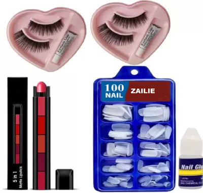 Zailie 5 in 1 Lipstick 7.5gm, False Eyelashes Eye Makeup, Artificial Nails (100) Glue(5 Items in the set)