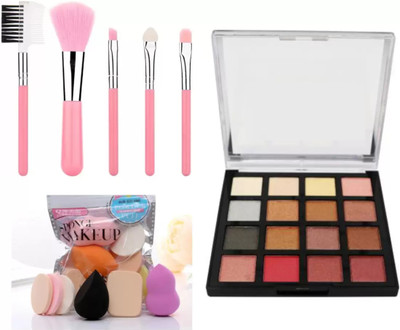 SUBHMUN Makeup Brushes 5 Pcs Set & Pack of 6 Puff With 16 Colors Eye Shadow Palette(3 Items in the set)