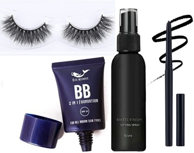 SEUNG Waterproof Face Makeup Combo Makeup Fixer,Foundation, kajal,3D Eyelashes(4 Items in the set)