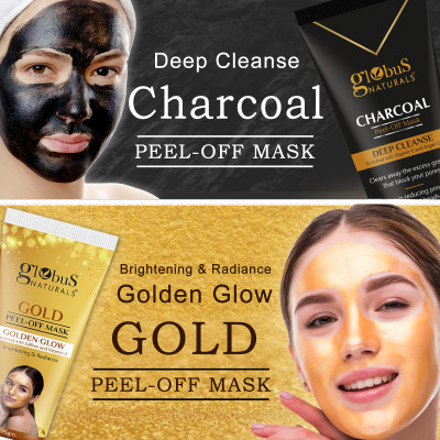 Globus Naturals Charcoal & Gold Peel Off Mask Combo Pack Removes Blackheads Golden Glow & Radiance(2 Items in the set)