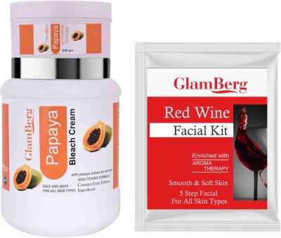 Glamberg Papaya Bleach Cream With Activator + Red Wine Facial Kit 5 in 1(2 Items in the set)