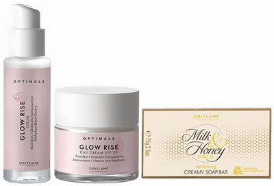 Oriflame OPTIMALS Glow Rise Day Cream SPF 20 50 with Glow Rise Serum 30 ml with Milk and Honey Soap Bar 100 g(3 Items in the set)