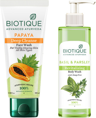 BIOTIQUE Face & Body Care Combo Basil & Parsley Revitalizing Body Wash & Papaya Deep Cleanse Face Wash(2 Items in the set)