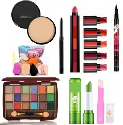 swenky eyeshadow with eyeliner 5in1 lipstick lip balm compact & blender puff(8 Items in the set)