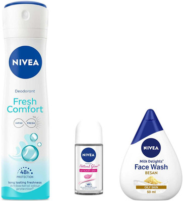 NIVEA Fresh Comfort Deo and NG Smooth Skin 25ml Roll On Besan 50ml Facewash Set of 3pc(3 Items in the set)