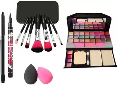 SUBHMUN Kajal & 36H Eyeliner , makeup sponge Beauty blender puff with set of 7 Black Brushes include storage box(12 Items in the set)