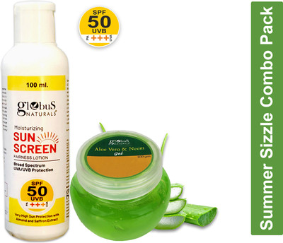 Globus Naturals Summer Sizzle Set - Sunscreen Lotion SPF 50++ 100 ml & Aloe Vera Neem Face Gel 100 gm(2 Items in the set)