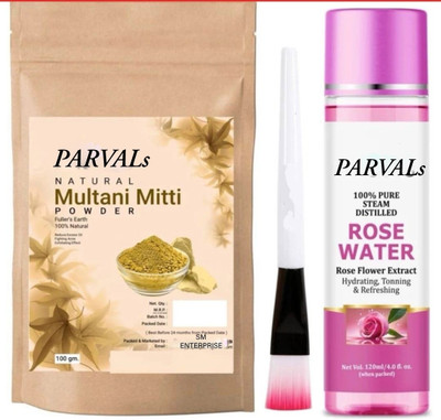 PARVALs Herbal multani mitti combo for glowing skin with a brush and Gulab jal(3 Items in the set)