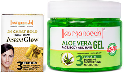 Aaryanveda Gold Bleach Cream For Glowing Skin & Removing Uneven Patches - 43g and Aloe Vera Gel for Soothing & Nourishing Skin - 400 g(2 Items in the set)