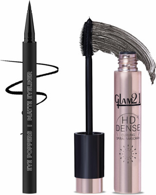 Glam21 Eye Poppers Matte Eyeliner- Dark Matter,0.5gm & HD Dense Curling Mascara |Waterproof Volumizing-Black, 10ml | Combo(2 Items in the set)