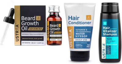 USTRAA Hair Vitalizer Shampoo - 250ml , Daily Use Hair Conditioner -100ml and Beard Growth Oil Advanced - 60ml(3 Items in the set)