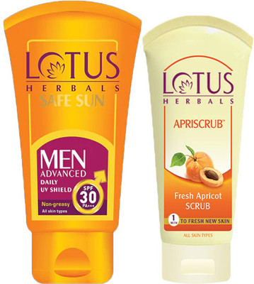 LOTUS Herbals Combo Pack - Safe Sun Men Advanced Sunblock SPF 30 PA+++ ( 100 g )& Apriscrub Fresh Apricot Scrub ( 60 g )(2 Items in the set)