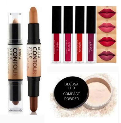 Geggsa 4 lipstick pack & Compact Powder With Contour Stick Combo Pack For Girls & Women(7 Items in the set)