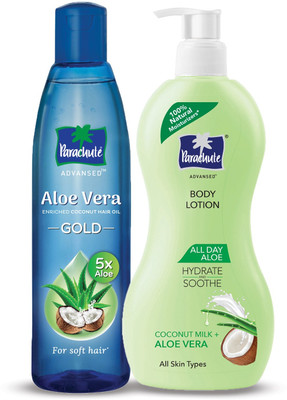 Parachute Advansed All Day Aloe Body Lotion, 100% Natural & Aloe Vera Gold Coconut Hair Oil (2 Items In The Set) For Rs. 210