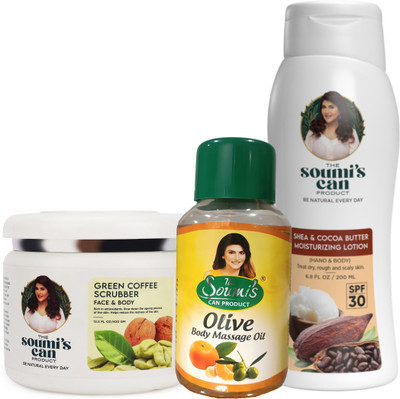 The Soumi's Can Product Green Coffee Scrubber (400gm), Olive Body Massage Oil (200ml) & Shea & Cocoa Butter Moisturizing Lotion (200ml) Combo(3 Items in the set)