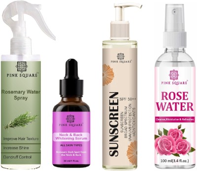 Pink Square Rosemary Spray 100ml, Neck-Back Serum 30ml, Sunscreen 100ml & Rose water 100ml(3 Items in the set)