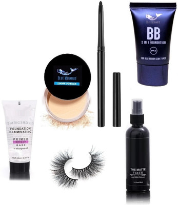 BLUEMERMAID PROFESSIONAL COMBO KIT BB FOUNDATION PRIMER LOOSE POWDER FIXER CRAYON KAJAL & EYELASHES(6 Items in the set)