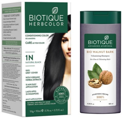 BIOTIQUE Conditioning Hair Color 1N Natural Black & Walnut Bark Shampoo 180 ML  (2 Items in the set)