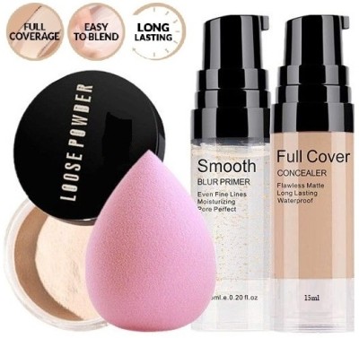 MYEONG FACE LOSSE POWDER AND FACE GEL PRIMER AND MATTE LIQUID FOUNDATION AND BLENDER PUFF MAKEUP KIT(4 Items in the set)