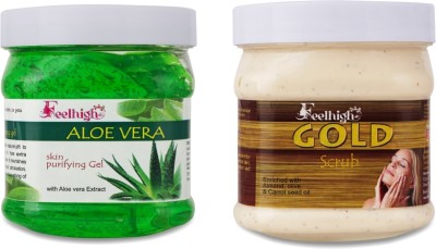 feelhigh ALOEVERA GEL 500GM & GOLD SCRUB -500GM- FACE & BODY CARE -SKIN CARE PRODUCTS(2 Items in the set)