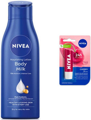 NIVEA Bodymilk 200ml lotion & Cherry Lipbalm Set of 2(2 Items in the set)