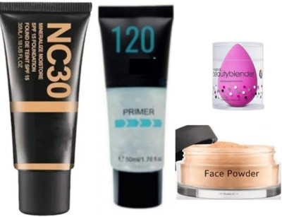 Jus’Be U Professional Waterproof Foundation, Face Powder,Face Prime with Beauty Blender Pack of-4(4 Items in the set)