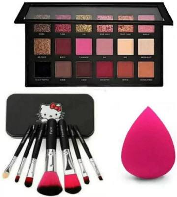Dexklut 18color eyeshadow platte Rose gold & 7 pc makeup brushes + puff(3 Items in the set)