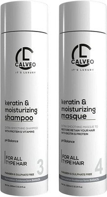 Calveo Keratin & Moisturizing Shampoo & Masque Combo- Colored & Keratin Treatment Hair Care-Damage Frizz control Ultimate Hydration(2 Items in the set)