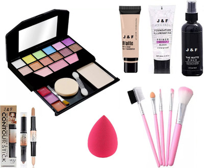 J & F 5024 Makeup kit, Primer,Fixer,Foundation,Puff,5Pc Brush,Contour(7 Items in the set)
