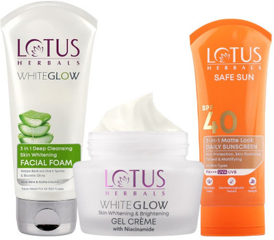 LOTUS HERBALS WhiteGlow Skin brightening Gel Cream60g,3 In 1 Deep Cleansing Facial Foam100g with 3 In 1 Sunscreen SPF 40 PA+++75g(3 Items in the set)