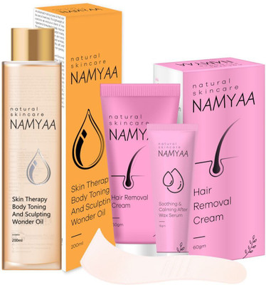 Namyaa Body Oil for Scars & stretch Marks 200ml| Hair Removal Cream for Intimate Skin with After Wax Serum 60gm(2 Items in the set)